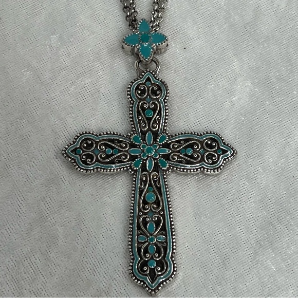 Brighton Southwest Inspired Teal Blue Enamel Oversized Cross Pendant Necklace! - Picture 1 of 10